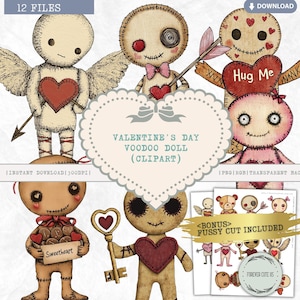 Clipart poupée vaudou Saint-Valentin, mignon, effrayant, amour, chagrin, romantique, sortilège d'amour, aquarelle, numérique, PNG, journal indésirable, coupe difficile
