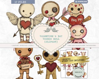 Clipart di bambola voodoo di San Valentino, carina, inquietante, amore, crepacuore, romantica, incantesimo d'amore, acquerello, digitale, PNG, diario spazzatura, taglio approssimativo