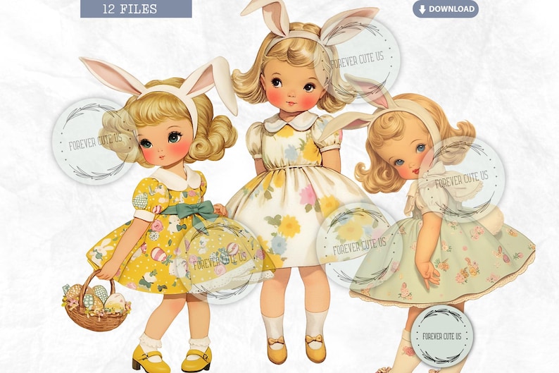 Retro Easter Dress Girl Clipart, Bunny Ear, Vintage, Egg Hunt