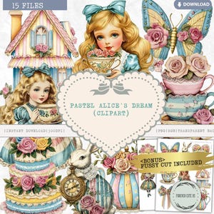 Pastell Alice's Dream Clipart, Wunderland-Mädchen, Alice's Abenteuer inspiriert, Alice, Tee-Party, Schmetterling, Kuchen, Taschenuhr-Kaninchen, PNG