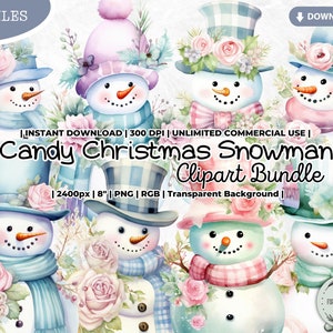 Candy Christmas Snowman Clipart, Candyland, Winter, Feestdagen, Pastel, Shabby Chic, PNG Digitale Downloads Kaart Scrapbook Junk Journal Crafts