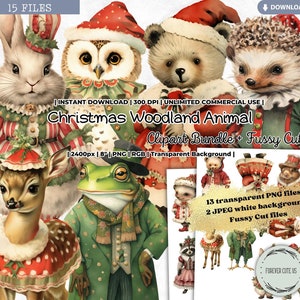 Bundle de cliparts animaux des bois de Noël, créatures, hiver, vacances, chambre de bébé, conte de fées, ours, lapin, renard, hérisson, grenouille, PNG, coupe difficile