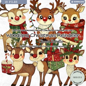 Clipart bos kerstrendieren, rode neus babyhert, reekalf, winter, vakantie, rustiek, retro, vintage, paddenstoel, cottagecore, png
