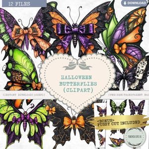 Halloween Schmetterlinge Clipart, Gruselig, Insekt, Shabby Chic, Schleife, Dark Gothic, Illustration, Feenflügel, PNG, Scrapbook Fussy Schnitt