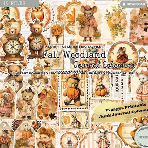 Diario basura de otoño con temática de bosque, efímeras, animales, bosque, etiquetas, sellos, palabras, papeles imprimibles, álbumes de recortes, tarjetas, digitales, otoño shabby