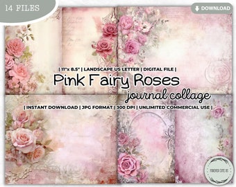 Pink Fairy Roses Junk Journal Collage Sheet, Magical, Garden, Floral, Fantasy, Fairytale, Ethereal, Enchanted, Whimsical, Printable Digital