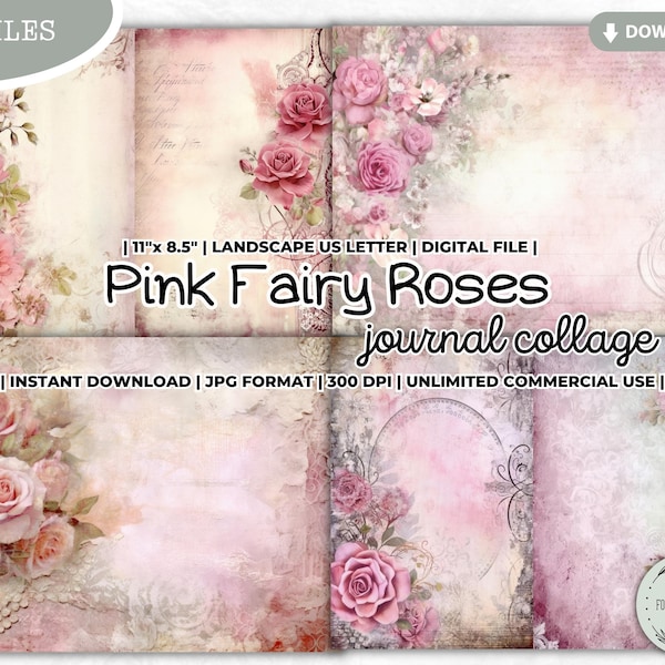 Pink Fairy Roses Junk Journal Collage Sheet, Magical, Garden, Floral, Fantasy, Fairytale, Ethereal, Enchanted, Whimsical, Printable Digital