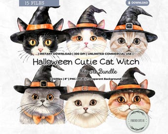 Clipart Halloween schatje kat heks, schattig katje heksenhoed, spookachtig, zwarte kat, huisdier, harig, bontbaby, kattenmoeder, vintage, retro, png-junkjournaal