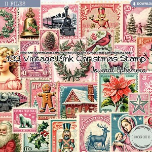 Vintage Weihnachtsstempel rosa Weihnachten Junk Journal Ephemera, Pinkmas, Pastell, Retro, Clipart, Porto, Aquarell, Printable, Digital, Scrapbooking