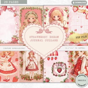 Feuille de collage de carnet de bordel de rêve aux fraises, fraise rose, fille aux fruits, été, imprimable, page de carnet de bordage, manga, papier de scrapbooking