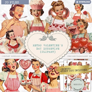 Clipart rétro de femme au foyer de la Saint-Valentin, robe coeur, BCBG, mode, agenda, vintage, Paper Doll PNG, Scrapbooking Junk Journal travaux manuels en papier