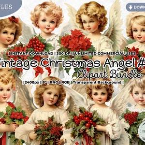 Vintage Christmas Angel Clipart Bundle, Boy, Girl, Holly, Berries, Victorian, Holidays, Winter, PNG, Junk Journal Paper Crafts Scrapbooking