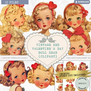 Vintage Red Valentine&#39;s Day Doll Head Clipart, Retro, Antique, Cute, Heart, Bow, Love, Wedding, 1940s, Fashion, Paper Doll, PNG, Fussy Cut