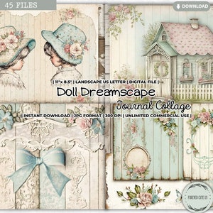 Puppe Traumlandschaft Journal Collage Sheet, Mint, Puppenhaus, Journal Seite Bundle, Printable Shabby Chic, Shabby Chic Junk Journal Digitale Papiere