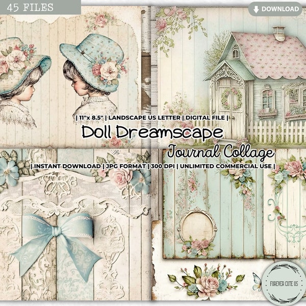 Doll Dreamscape Journal Collage Sheet, Mint, Doll House, Journal Page Bundle, Printable Shabby Chic, Shabby Chic Junk Journal Digital Papers