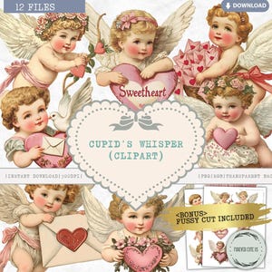 Amor's Whisper Clipart, Valentinstag Engel, Cherub, Liebe senden, Liebesbrief, Umschlag, Herz, Hochzeit, Antik, Vintage, Retro, PNG