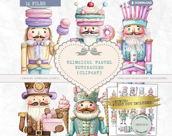 Op de afbeelding: Whimsical pastel nutcracker clipart met drie notenkrakers met verschillende hoeden met snoep- en dessertthema. De notenkrakers staan in verschillende poses en hebben een grillige, feestelijke uitstraling. De afbeelding bevat de tekst "Whimsical Pastel Nutcracker (Clipart)".