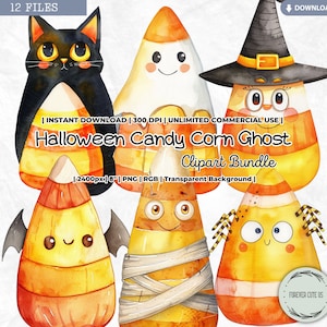 Clipart fantôme Halloween bonbons maïs, chauve-souris, sorcière, momie, des bonbons ou un sort, petite sorcière, chat noir, vintage, rétro, PNG Scrapbooking Junk Journal