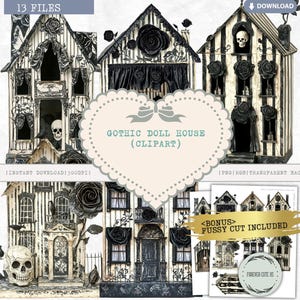 Gotycki domek dla lalek Clipart Listing, Czaszka, Róże, Kruk, Dark Goth, Vintage Dollhouse, Akcesoria do lalek papierowych, Akwarela, PNG Fussy Cut