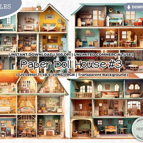 Paper Doll House Clipart Bundle, Furniture, Dollhouse, Printable, Collectible, Accessory, Digital, PNG, Scrapbook Junk Journal Paper Crafts