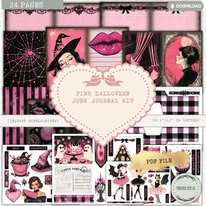 Kit de diario basura de Halloween rosa, bruja, papeles imprimibles, páginas, scrapbooking, recortes, etiquetas, bolsillo, palabras, efímera, digital
