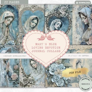 Mary's Blue Loving Devotion Junk Journal Collage Sheet, Mother Mary, Catholic, Peace, Prayer, Gratitude, Religious Virgin, Printable Paper