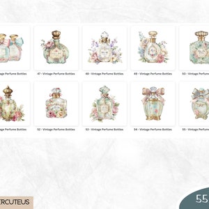 May include: A set of 10 digital illustrations of vintage perfume bottles with floral accents. The bottles are in various shapes and sizes, and each has a unique design. The illustrations are in a watercolor style and have a soft, romantic feel.