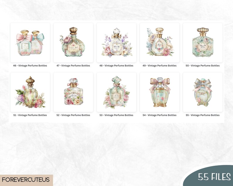 May include: A set of 10 digital illustrations of vintage perfume bottles with floral accents. The bottles are in various shapes and sizes, and each has a unique design. The illustrations are in a watercolor style and have a soft, romantic feel.