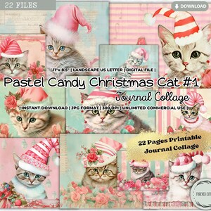 Feuille de collage pastel bonbon de Noël chat, hiver, vacances, shabby chic, vintage, roses, papier imprimable, téléchargement numérique