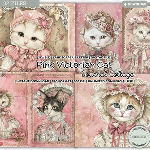 Pink Victorian Cat Junk Journal Collage Sheets Bundle, Kitten, Pastel, Vintage, Rose, Printable, Shabby Chic, Scrapbooking, Digital Papers