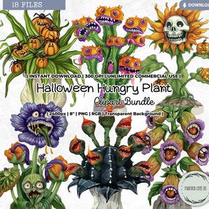 Puede incluir: Un paquete digital de clipart de 18 ilustraciones de plantas hambrientas de Halloween. Las plantas tienen varios colores, incluyendo verde, morado, naranja y amarillo. Las plantas tienen bocas con dientes y algunas tienen ojos. Las plantas están sobre un fondo blanco.  "Descarga instantánea | 300 DPI | Uso comercial ilimitado | Paquete de clipart de plantas hambrientas de Halloween | 2400px | 8" | PNG | RGB | Fondo transparente |"