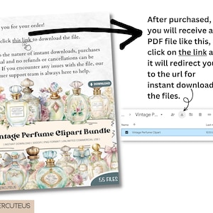 May include: A digital download of 55 vintage perfume bottle clip art images. The images are in PNG format and are 300 DPI. The clip art is for unlimited commercial use. The image shows a screenshot of a computer screen with a download button and a file named "Vintage Perfume Clipart".