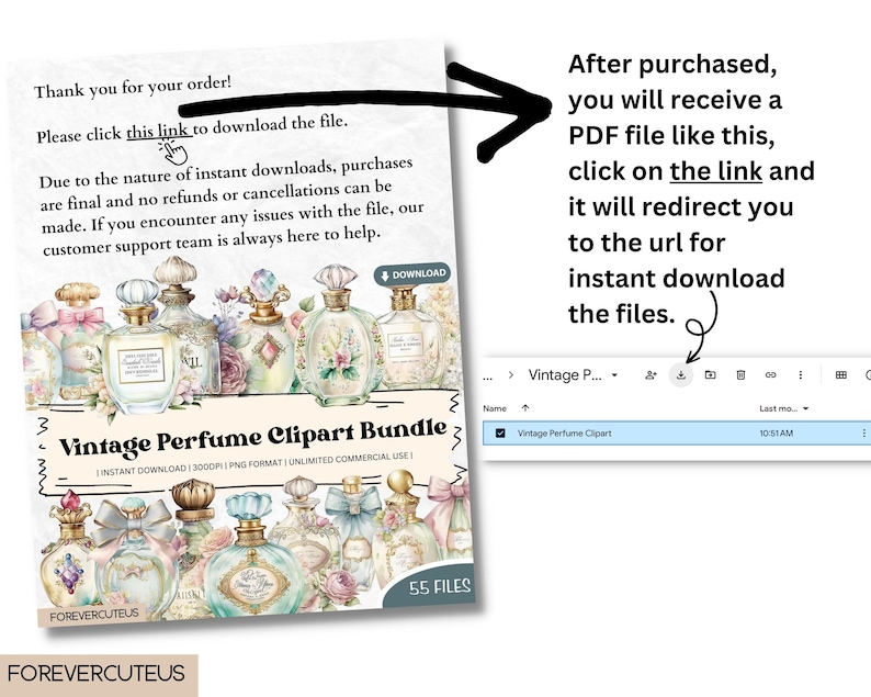 May include: A digital download of 55 vintage perfume bottle clip art images. The images are in PNG format and are 300 DPI. The clip art is for unlimited commercial use. The image shows a screenshot of a computer screen with a download button and a file named "Vintage Perfume Clipart".