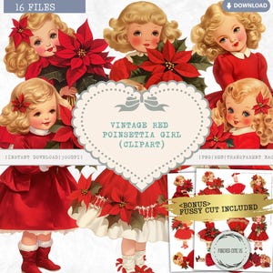 Clipart vintage rode kerstster, retro meisje, traditionele kerstmis, feestdagen, winter, december, geboortemaand bloem, papieren pop, png