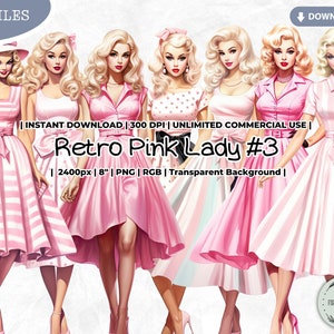 Retro Pink Lady Clipartbundel, Stippen, Jurk, Mode, Planner Meisje, Vintage, Paper Doll, PNG, Digitaal, Plakboek, Junk Journal Paper Crafts, Jurk, Mode, Planner Meisje