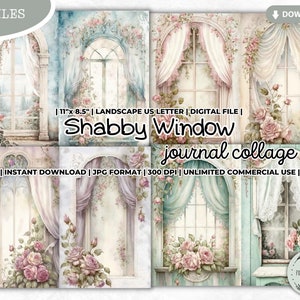 Shabby Window Junk Journal Collageblad, Tuin, Roos, Muurschildering, Fantasie, Vintage, Bloemen, Dagboekkit, Scrapbookingpapier, Digitaal papier