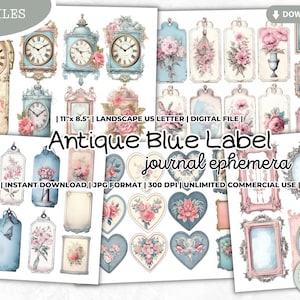 Antique Blue Label, Junk Journal Ephemera, Tag, Victorian Era, Vintage, Shabby, Scrapbooking, Digital Kit, Printable, Stickers, Fussy Cut