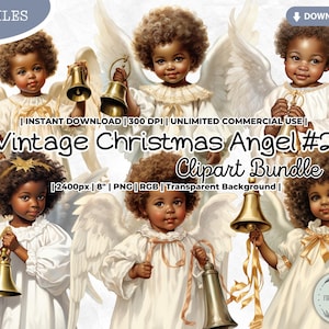 Vintage kerst engel clipartbundel, jongen, meisje, jingle bell, Afro-Amerikaans, Victoriaans, feestdagen, winter, png, junk journal papier ambachten