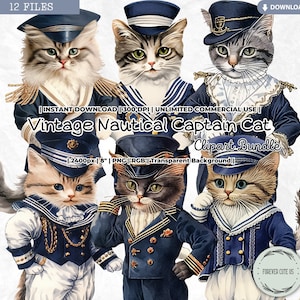 Clipart capitaine chat nautique vintage, rétro, victorien, chaton, marin, océan, plage, ancre, été, patriotique, PNG, carnet de bord pour scrapbooking