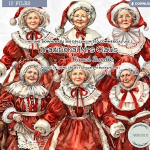 Traditional Mrs Claus Clipart, Vintage Christmas, Santa Claus, Classic, Holidays, Winter, Watercolor, PNG, Junk Journal Crafts Scrapbooking