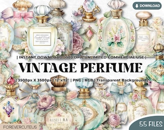 Vintage Perfume Bottles Watercolor Clipart, Shabby Chic PNG (Digital Download)