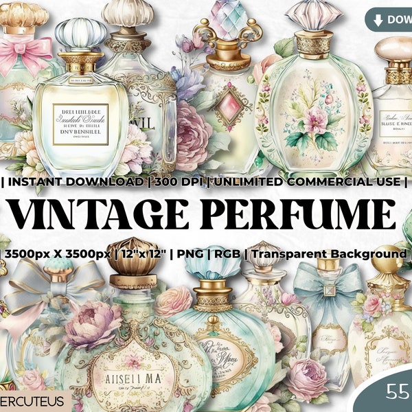 Vintage Perfume Bottles Watercolor Clipart, Pastel clipart, Shabby Chic, Sublimation PNG, Junk Journal, Paper Crafts Scrapbook, Commercial