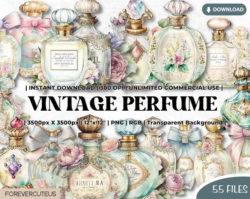 May include: A digital collage of 55 vintage perfume bottles with floral designs and gold accents. The bottles are on a white background with the text "Vintage Perfume" in black.