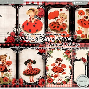 Marienkäfer Mohn Traum Journal Collage Sheet, Frühling, Sommer, Insekt, Retro, Viktorianisch, Mädchen, Garten, Fee, Blume, Printable Journal Papiere