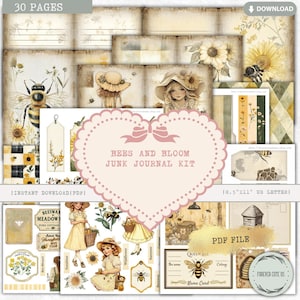 Bees and Bloom Junk Journal Kit, Printable Sunflower Bee Cottagecore Page, Vintage Farm Girl Ephemera Tags Cards, Fussy Cut, Word label, PDF