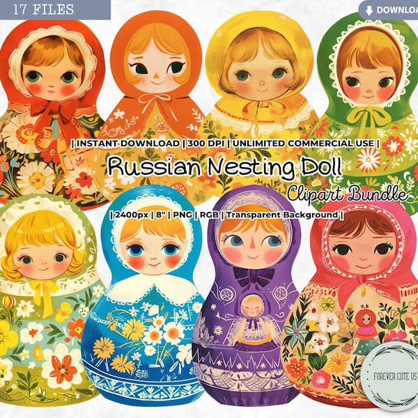 Russian Nesting Doll Clipart, Matryoshka, Stacking, Wooden, Traditional, Watercolor, Digital, Printable, PNG, Scrapbook Junk Journal Craft