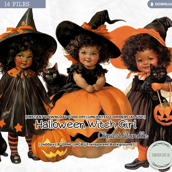 Halloween Witch Girl Clipart Bundle, Black Cat, Black Girl, Pumpkin, Doll, Fashion, Victorian, Printable, PNG Scrapbook Junk Journal Craft