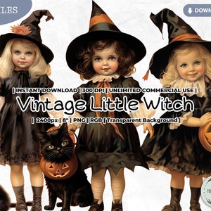 Vintage kleine Hexe Clipart Bundle, schwarze Katze, kleines Mädchen, Kürbis, Puppe, Mode, viktorianischen, printable, PNG Scrapbook Junk Journal Craft