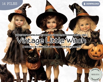 Vintage Little Witch Clipart Bundle, Black Cat, Little Girl, Pumpkin, Doll, Fashion, Victorian, Printable, PNG Scrapbook Junk Journal Craft