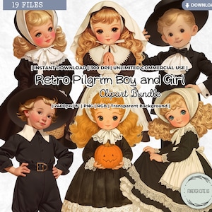 Clipart retrò di ragazzo e ragazza pellegrini, giorno del raccolto autunnale vintage, Ringraziamento, autunno, bambini, cappello, cuffia, zucca, cornucopia, PNG Scrapbooking